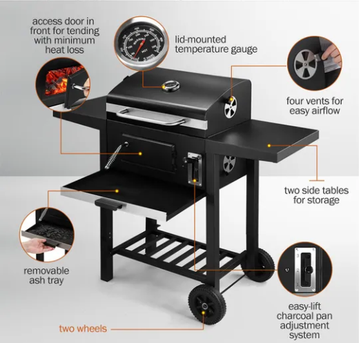 Hot Selling Portable Charcoal BBQ Grill Trolley Smoker Barbecue Grill with Height Adjustable Charcoal Pan for Party Steel