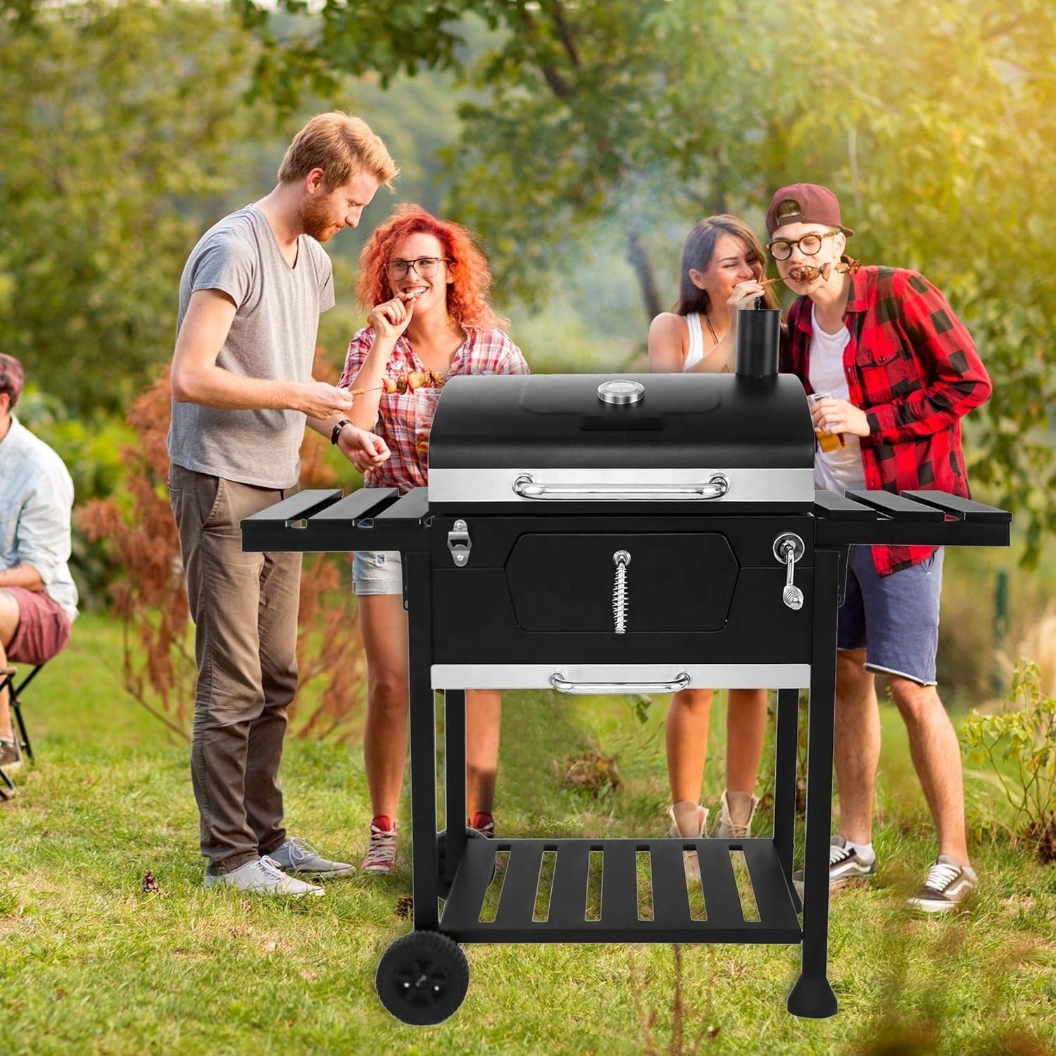 Heavy Duty Durable Smoker Grill Barbecue Trolley Metal Steel Charcoal bbq grills with Double Side Table