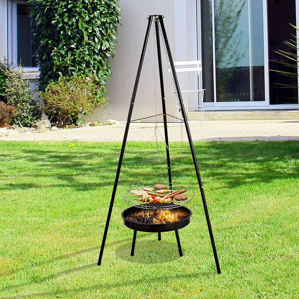 Outdoor Barbecue Tripod Charcoal BBQ Grill with Fire Pit Adjustable Hanging Chain Grill grate Port