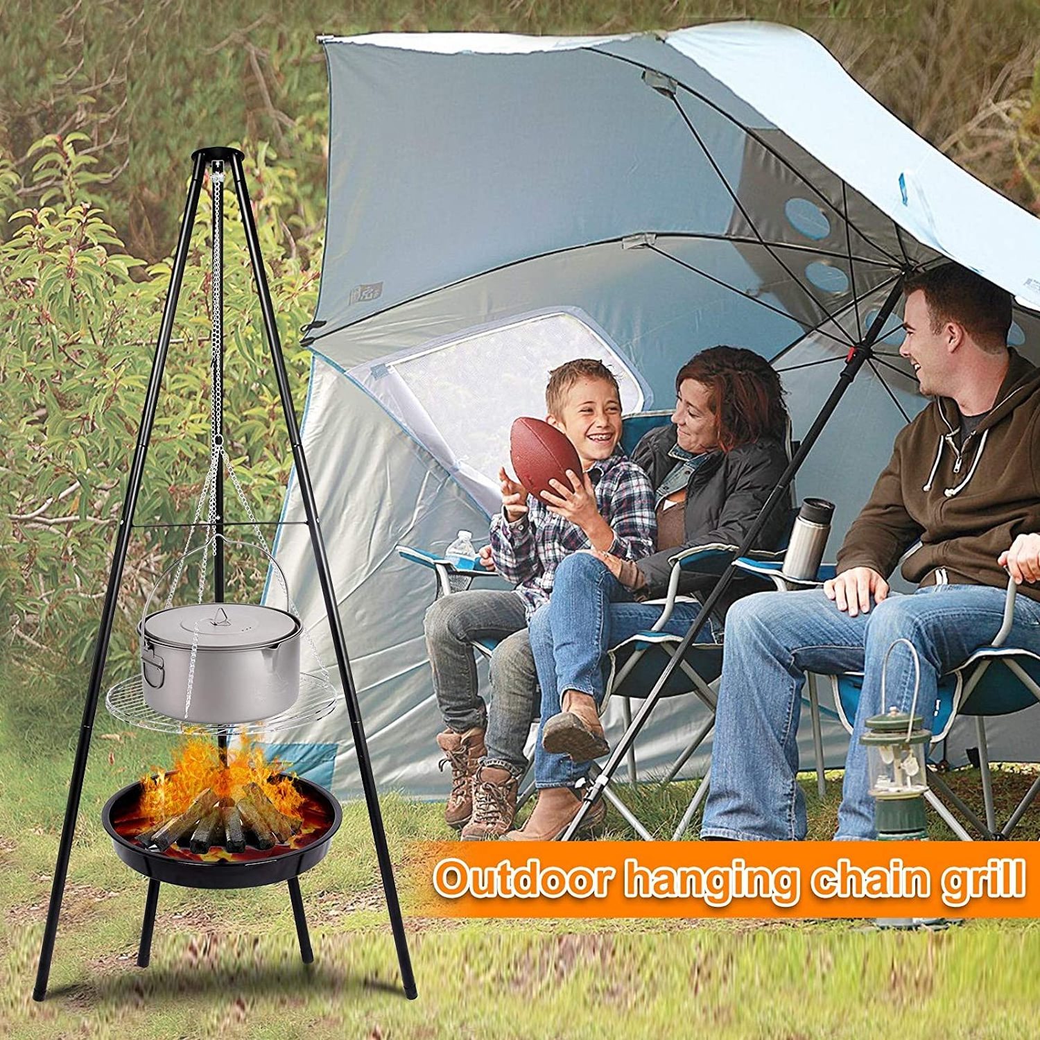 Outdoor Tripod Grill Height Adjustable Hanging Grill Portable Camping Fire Pit Campfire Tripod Fire Pit for Barbecue Cooking