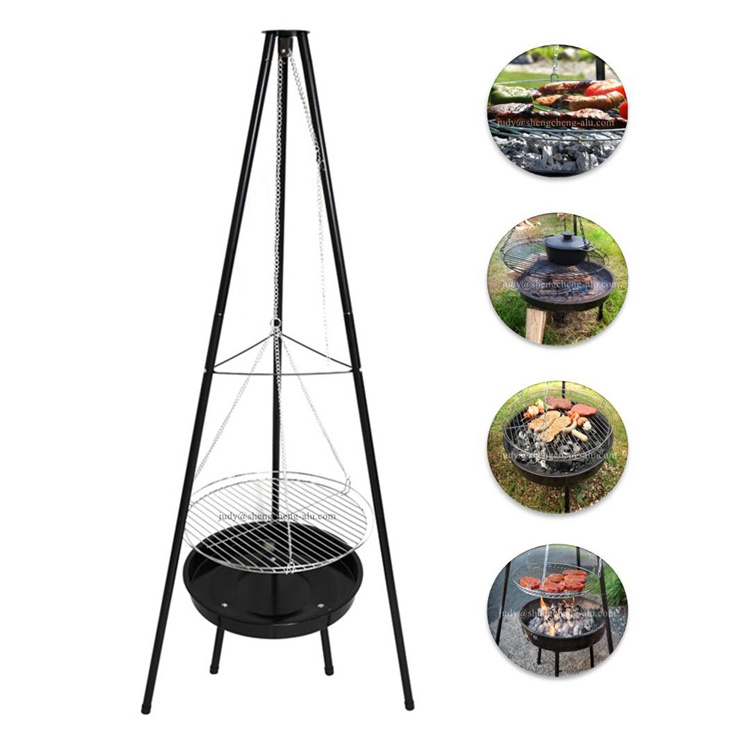 Outdoor Barbecue Tripod Charcoal BBQ Grill with Fire Pit Adjustable Hanging Chain Grill grate Port