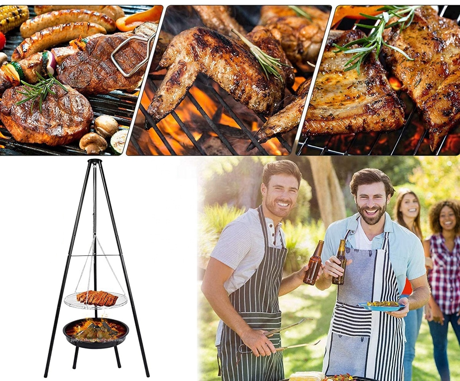 Outdoor Barbecue Tripod Charcoal BBQ Grill with Fire Pit Adjustable Hanging Chain Grill grate Port