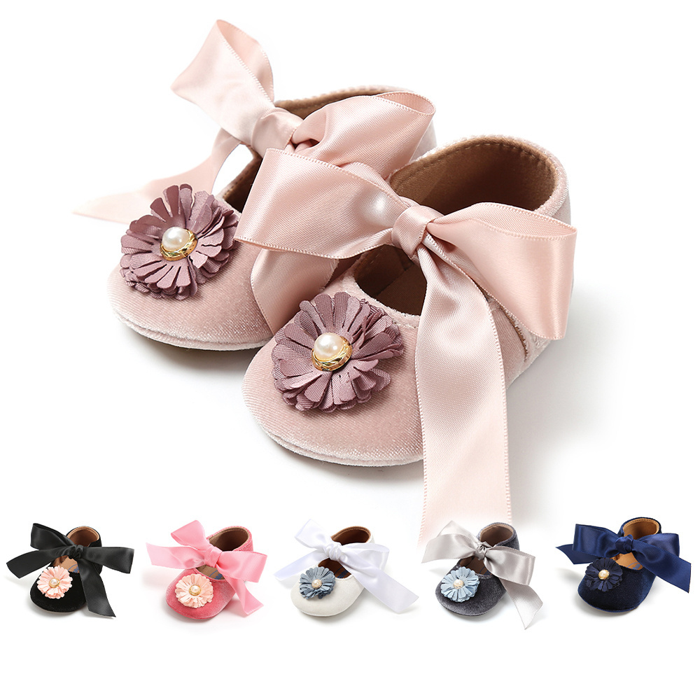 New style rubber soft sole Lace silk Bowknot flower button princess dress girl baby shoes