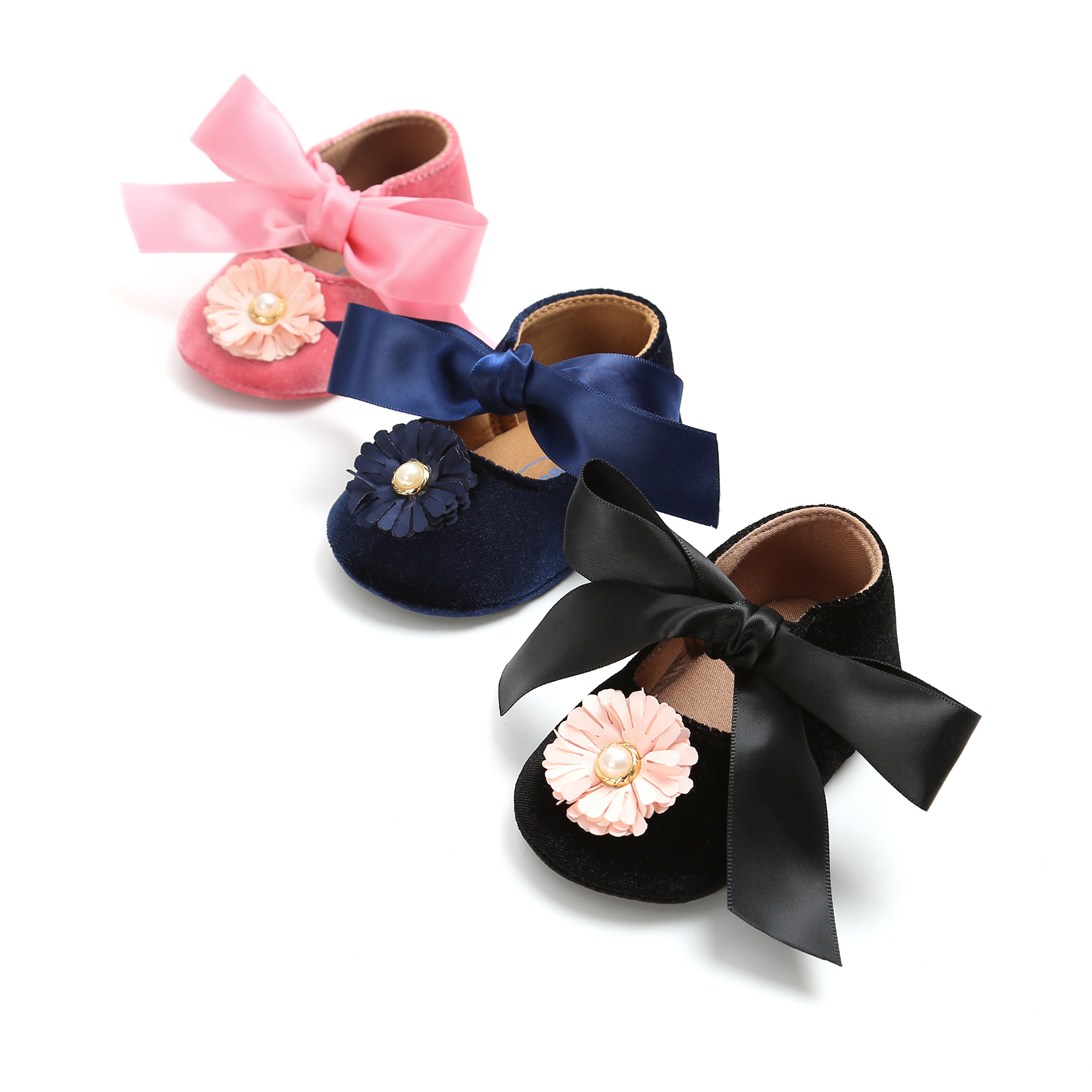 New style rubber soft sole Lace silk Bowknot flower button princess dress girl baby shoes