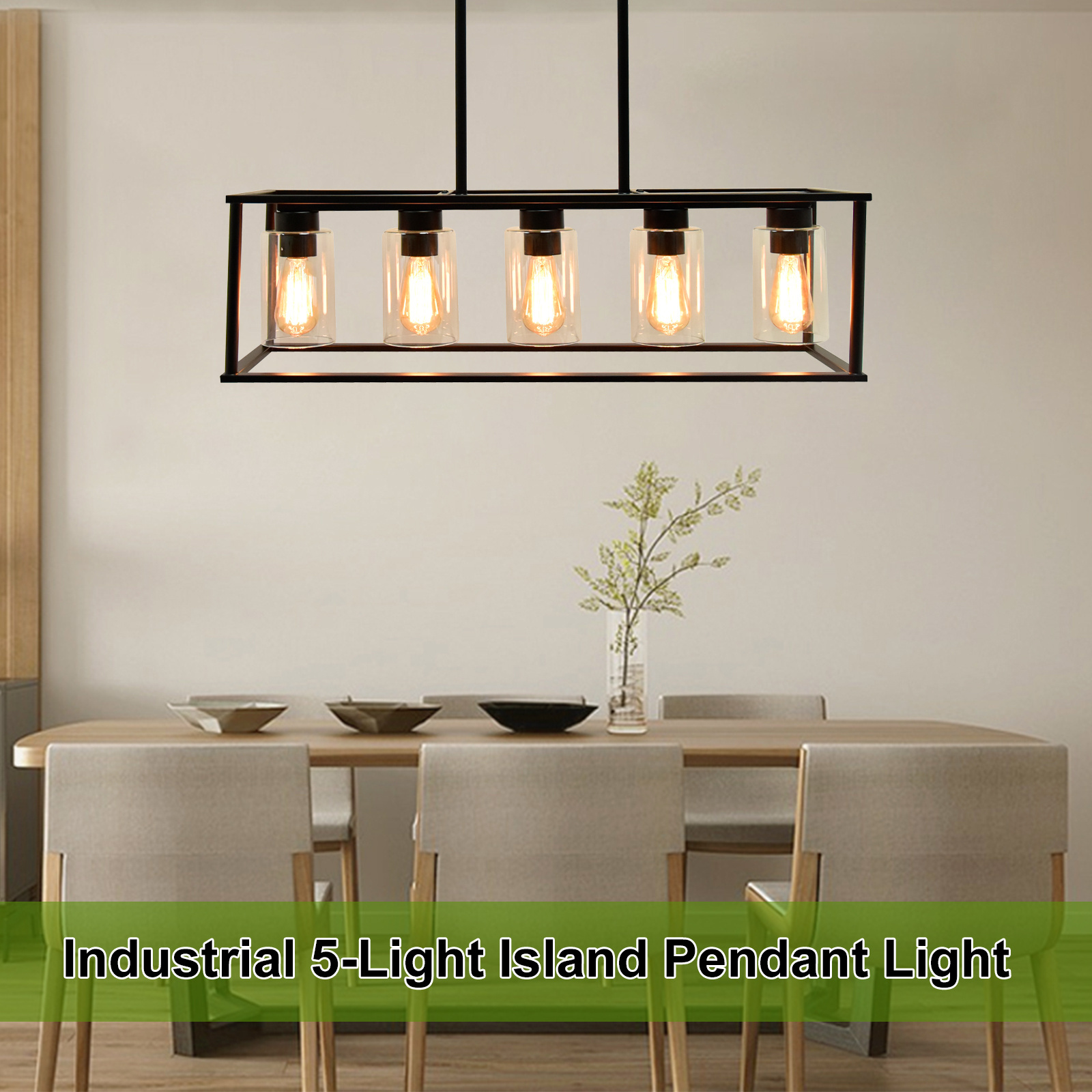 Rectangle Chandelier, Farmhouse Pendant Light for Kitchen Island Dining Room Lighting Custom Rustic Vintage 5 Light Black LED 60