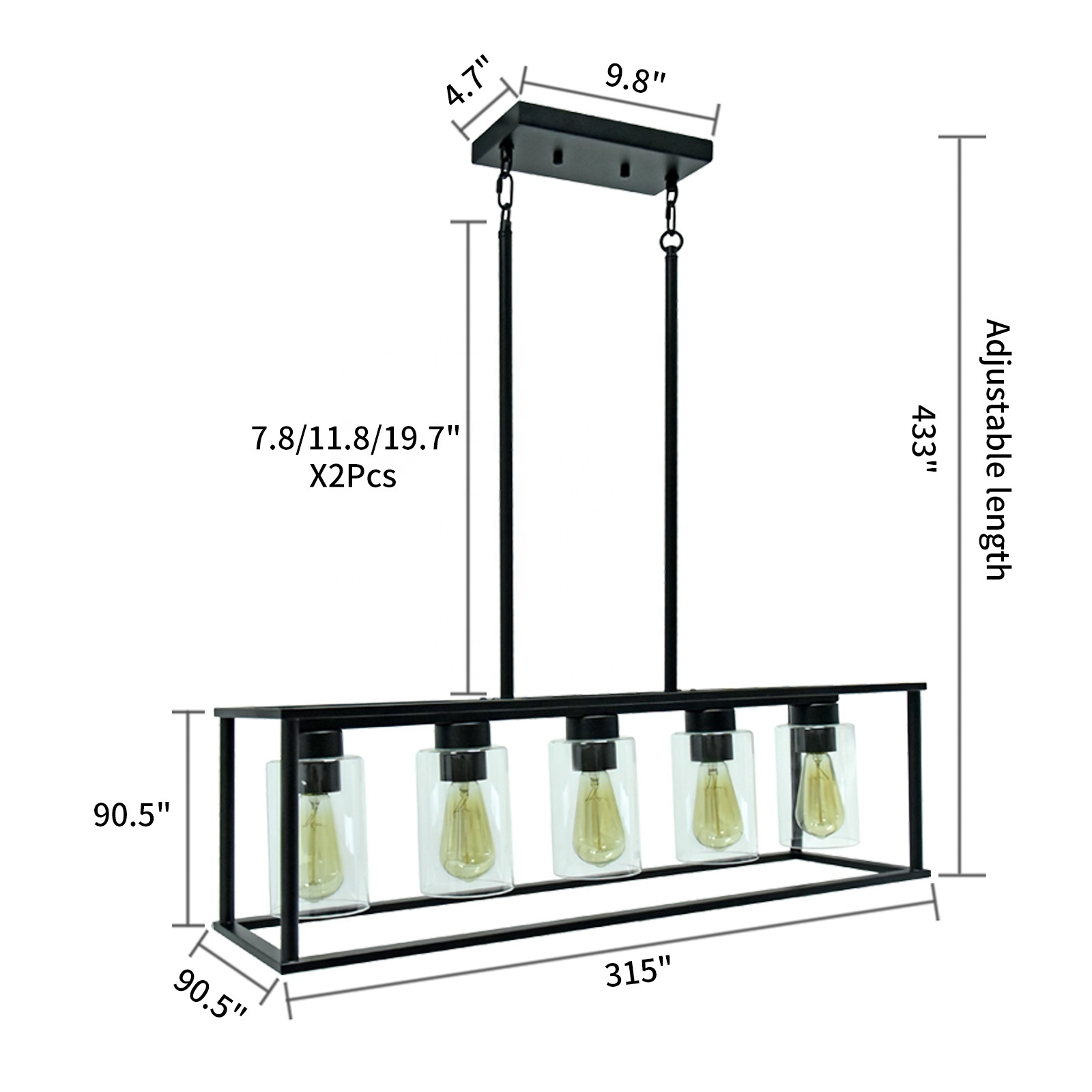 5-Lights Kitchen Island Lighting, Modern Linear Chandelier with Seeded Glass, Black Industrial Dining Room Light Fixtures over T