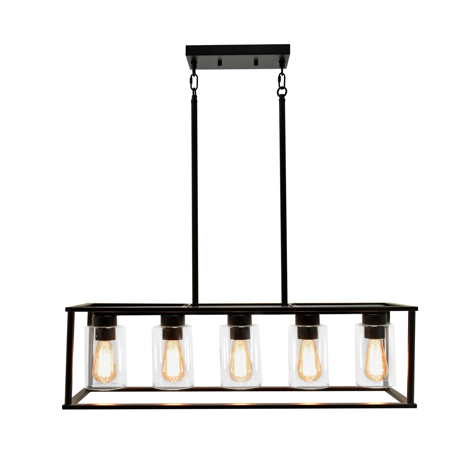 5-Lights Kitchen Island Lighting, Modern Linear Chandelier with Seeded Glass, Black Industrial Dining Room Light Fixtures over T