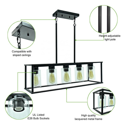Industrial Kitchen Island Pendant Lighting, Rectangular Vintage Rustic 5-Light Hanging Pendant Light Fixtures for Kitchen Farmho