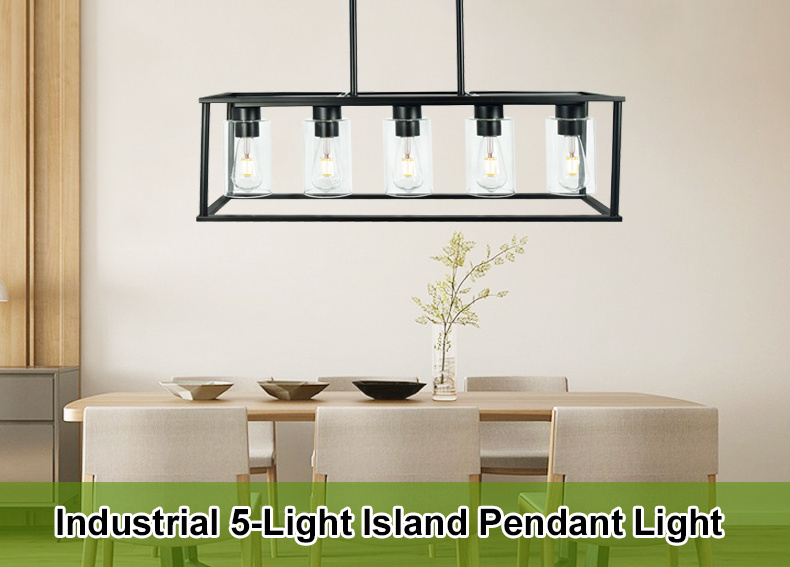 Industrial Kitchen Island Pendant Lighting, Rectangular Vintage Rustic 5-Light Hanging Pendant Light Fixtures for Kitchen Farmho