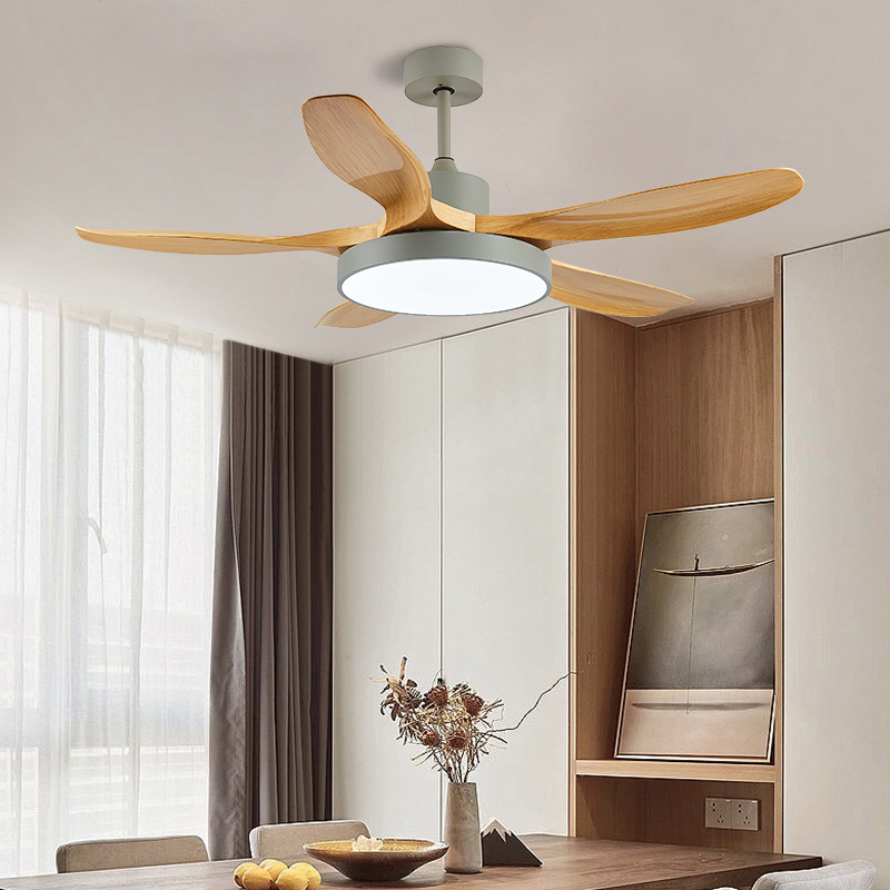 Wooden Blades Modern Ceiling Fan Light 3 Colors LED Dimming Lamp Remote Control 52 Inch 5 Gua Home Office DC Copper Motor 100