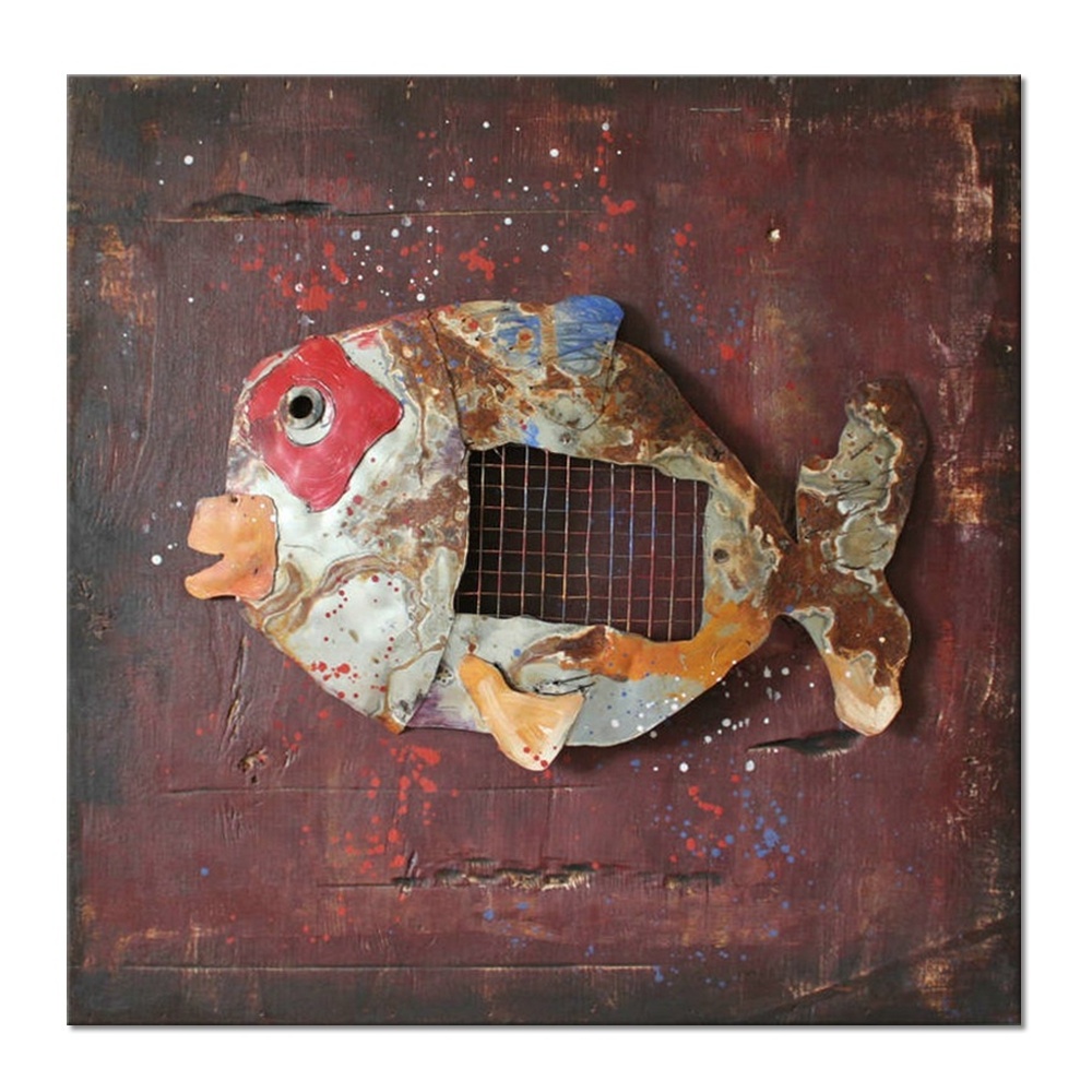 Wholesale Home decor wall art oil painting Rustic Retro 3D sculpture fish metal art