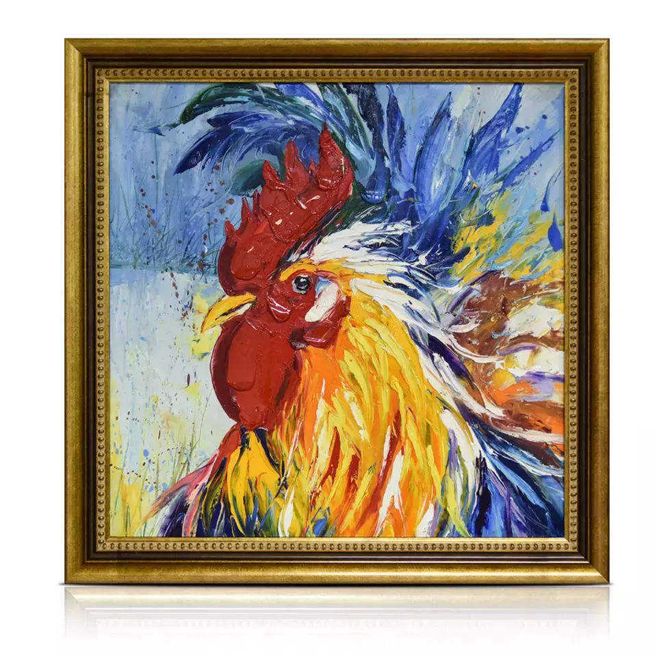 Contemporary Rainbow Chicken Rooster Farm Animal Portrait Handpainted Oil Painting