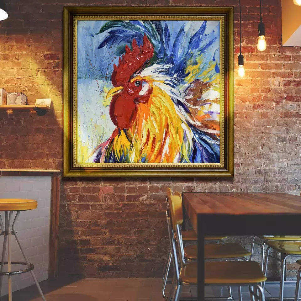 Contemporary Rainbow Chicken Rooster Farm Animal Portrait Handpainted Oil Painting