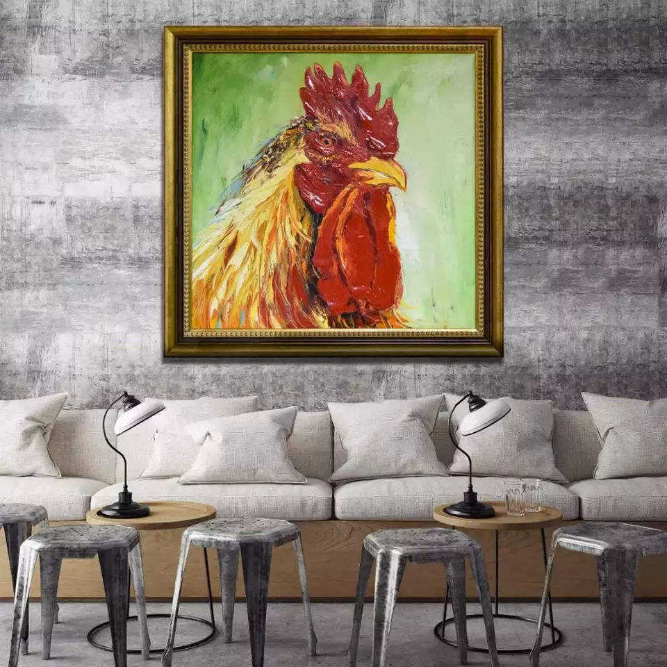 Contemporary Rainbow Chicken Rooster Farm Animal Portrait Handpainted Oil Painting