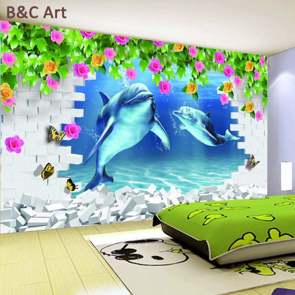 Custom Sea world dolphin fish scenery 3D vinyl wallpaper for kids room decor