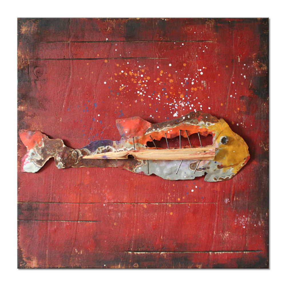 Wholesale Home decor wall art oil painting Rustic Retro 3D sculpture fish metal art