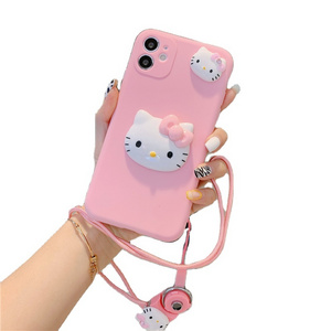 Hot 3D Cartoon Hello Kitty Pink Girly Soft Cover Rope Mobile Phone Case for Samsung A32 A52 A72 S21 Note20 A71 A02 A31 A11 A41