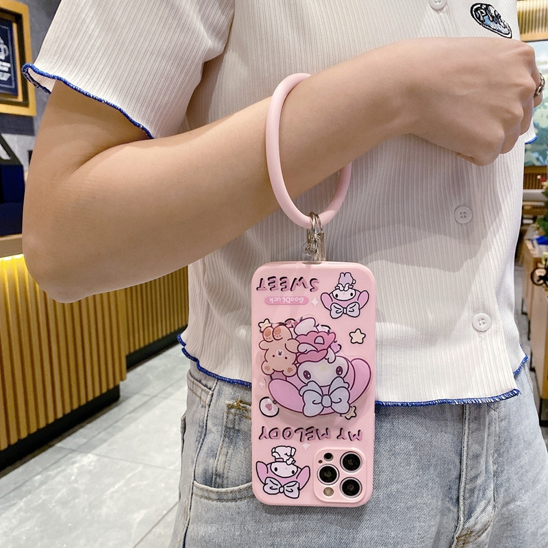 Protective Silicone Phone Cover Cute Cartoon Cinnamoroll Melody with Holder Chain Doll Case for Oppo A17 Reno 8Z Realme 10 Pro