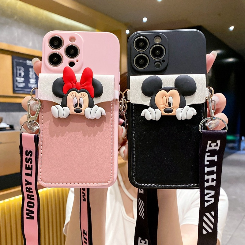 Cute Mickey cash card leather Wallet lanyard phone case for Huawei Mate 60 Nova Y90 Y70 P50 Y9 Prime 2019 Honor X5 Plus X9A X7A