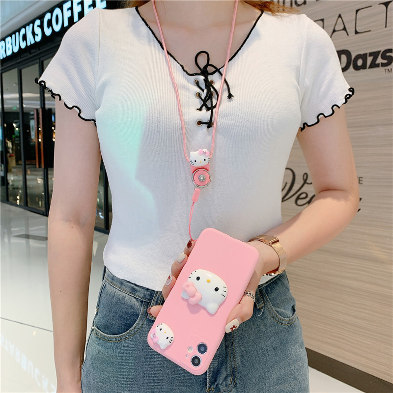 Hot 3D Cartoon Hello Kitty Pink Girly Soft Cover Rope Mobile Phone Case for Samsung A32 A52 A72 S21 Note20 A71 A02 A31 A11 A41