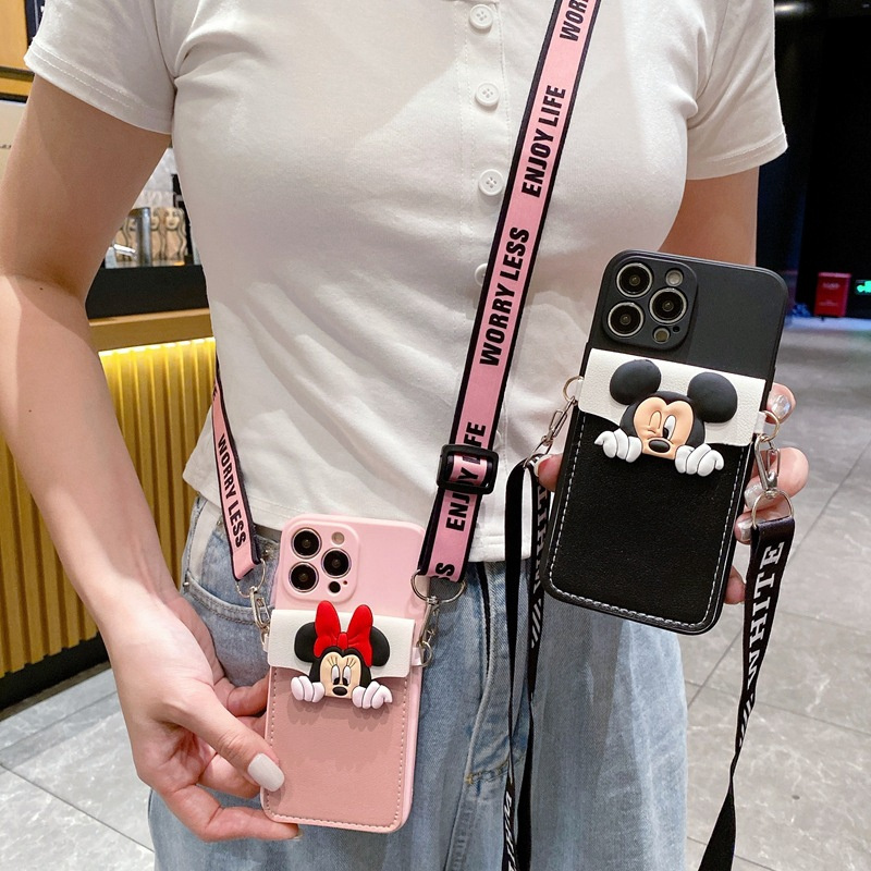 Cute Mickey cash card leather Wallet lanyard phone case for Huawei Mate 60 Nova Y90 Y70 P50 Y9 Prime 2019 Honor X5 Plus X9A X7A