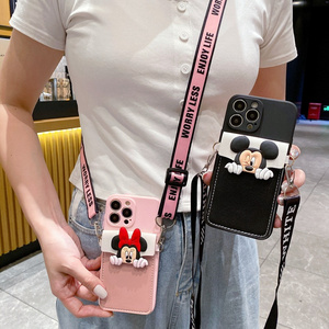 Cute Mickey cash card leather Wallet lanyard phone case for Huawei Mate 60 Nova Y90 Y70 P50 Y9 Prime 2019 Honor X5 Plus X9A X7A