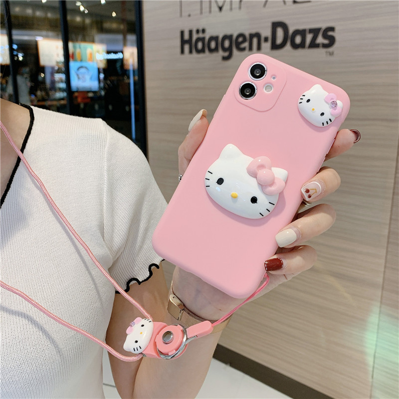 Hot 3D Cartoon Hello Kitty Pink Girly Soft Cover Rope Mobile Phone Case for Samsung A32 A52 A72 S21 Note20 A71 A02 A31 A11 A41