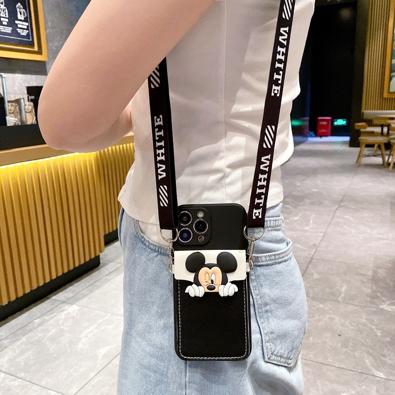 Cute Mickey cash card leather Wallet lanyard phone case for Huawei Mate 60 Nova Y90 Y70 P50 Y9 Prime 2019 Honor X5 Plus X9A X7A