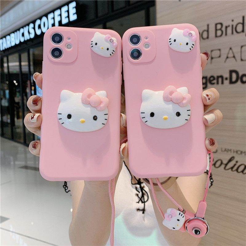 Hot 3D Cartoon Hello Kitty Pink Girly Soft Cover Rope Mobile Phone Case for Samsung A32 A52 A72 S21 Note20 A71 A02 A31 A11 A41