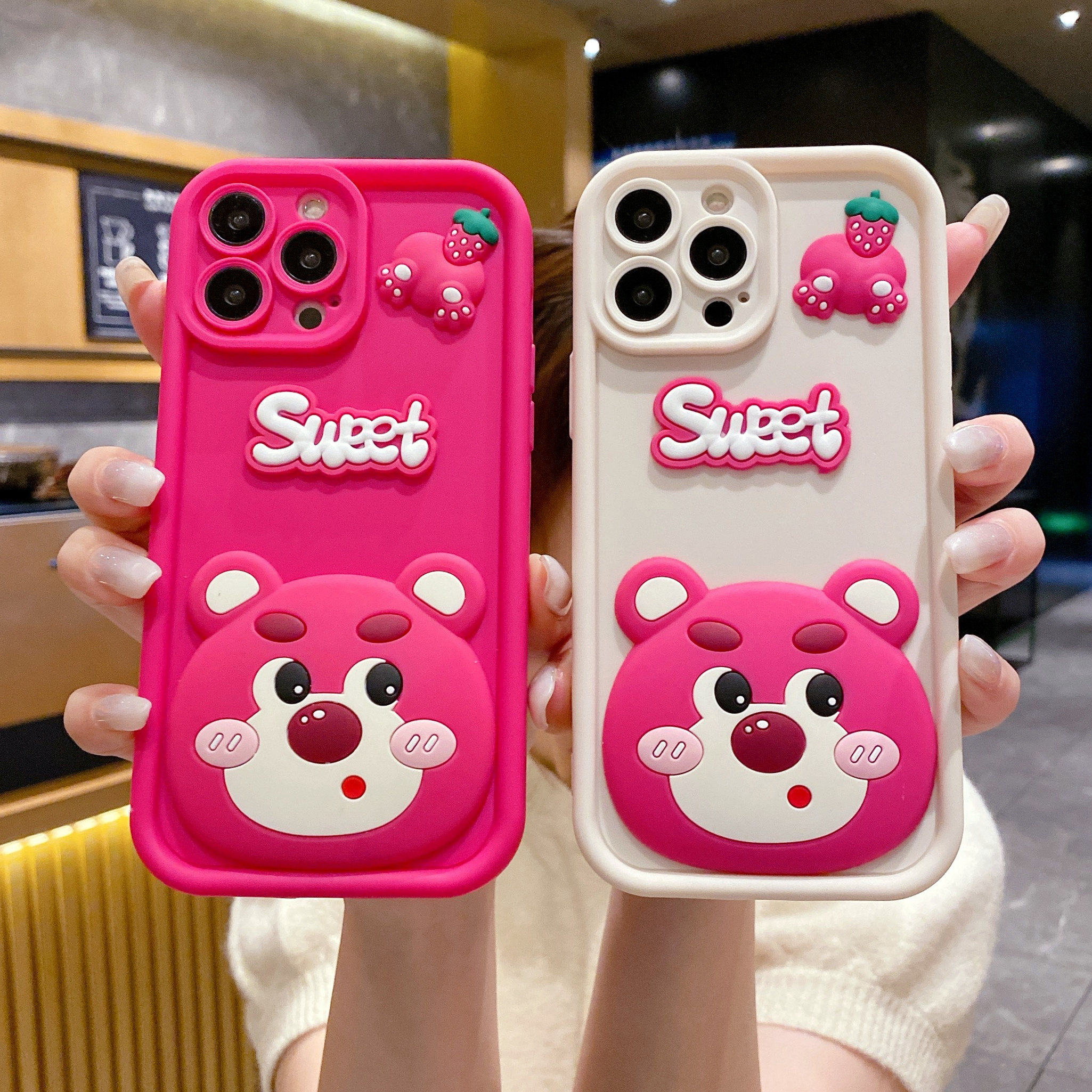 Cute sweet strawberry bear cartoon TPU Shockproof Back Cover For Xiaomi 14 13 11 Redmi note12 9A POCO M6 C65 F5  Phone Cases