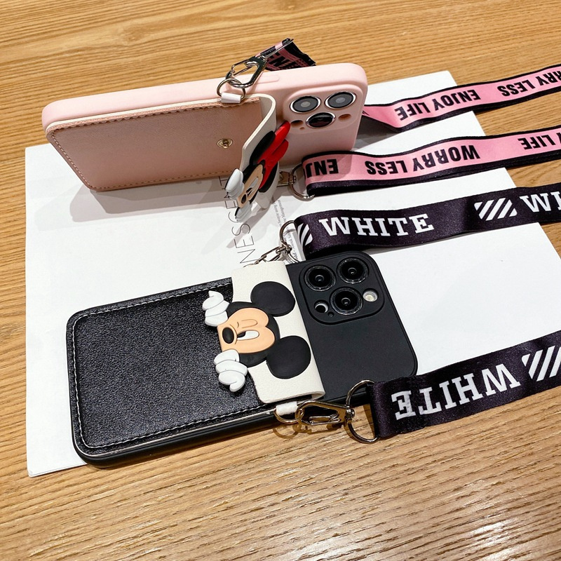 Cute Mickey cash card leather Wallet lanyard phone case for Huawei Mate 60 Nova Y90 Y70 P50 Y9 Prime 2019 Honor X5 Plus X9A X7A