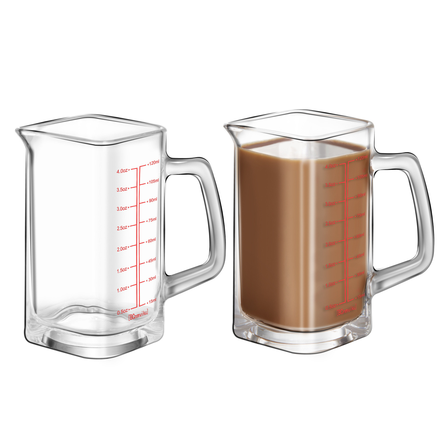 BCnmviku 120ML Square Measuring Triple Pitcher Milk Cup with Glass Handle Easy To Read Coffee Mugs for Hot or Cold Beverages