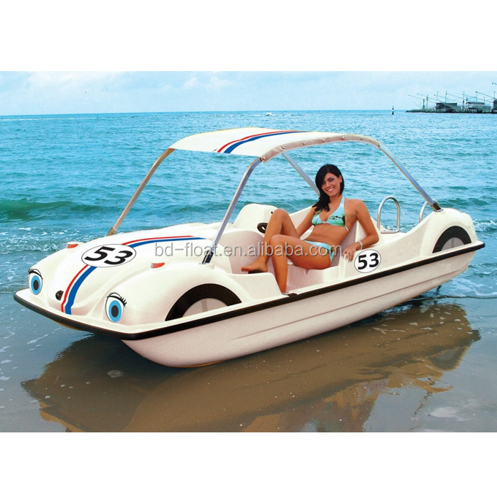 Car body shape fiberglass car pedal boat with water slides