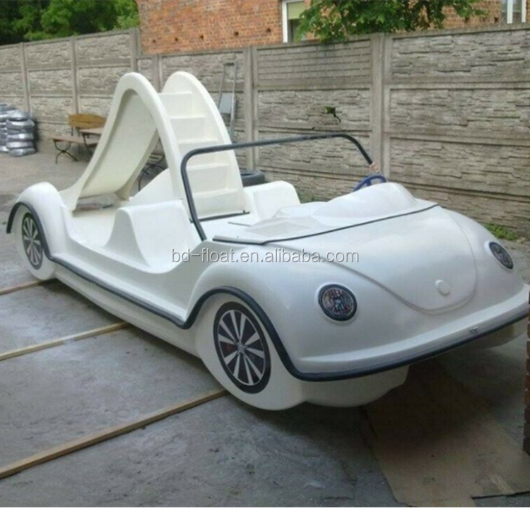 Car body shape fiberglass car pedal boat with water slides