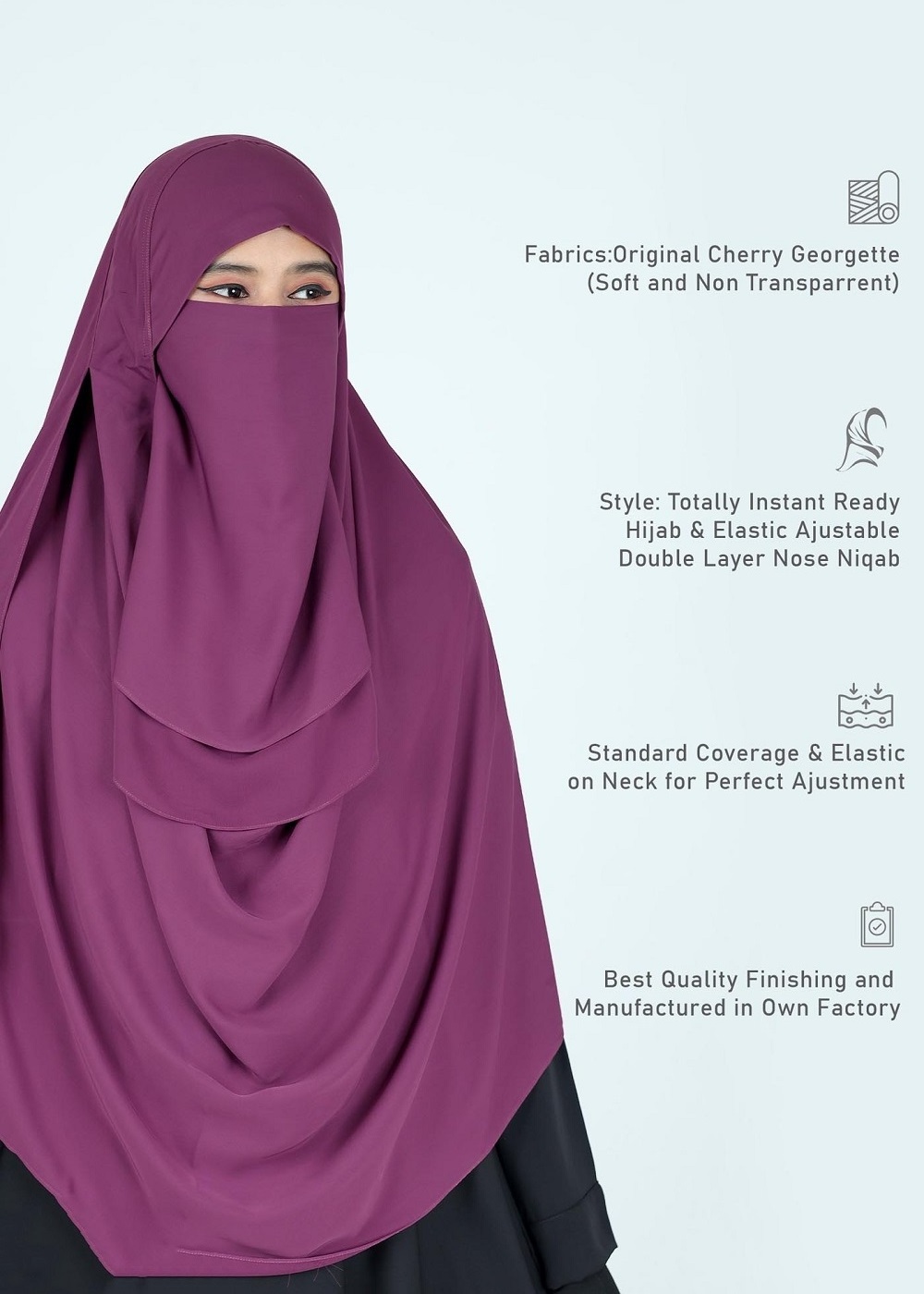 Premium Quality Fashion Solid Color Islamic Ready Hijab Niqab Face Cover Muslim Womens Hooded Full Long Cherry Georgette Hijab