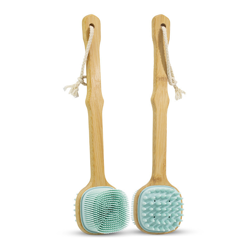 Long Bamboo Handle  Spa Shower Brush Double-sided Back Massage Tool Soft Spa  Silicone Exfoliating Bath Brush