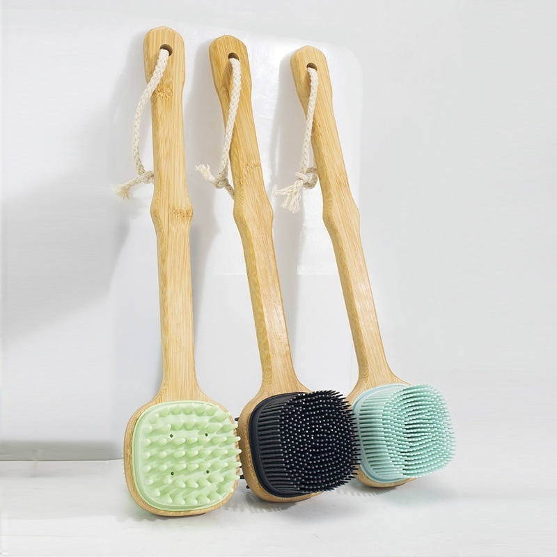 Long Bamboo Handle  Spa Shower Brush Double-sided Back Massage Tool Soft Spa  Silicone Exfoliating Bath Brush