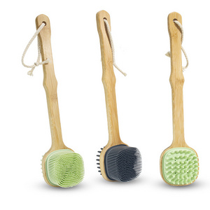 Long Bamboo Handle  Spa Shower Brush Double-sided Back Massage Tool Soft Spa  Silicone Exfoliating Bath Brush