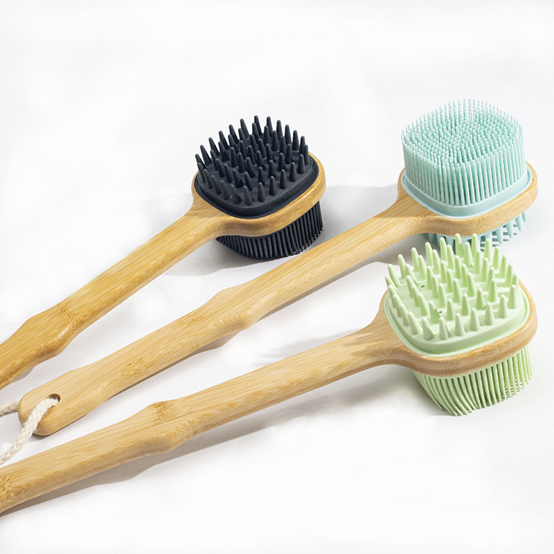 Long Bamboo Handle  Spa Shower Brush Double-sided Back Massage Tool Soft Spa  Silicone Exfoliating Bath Brush