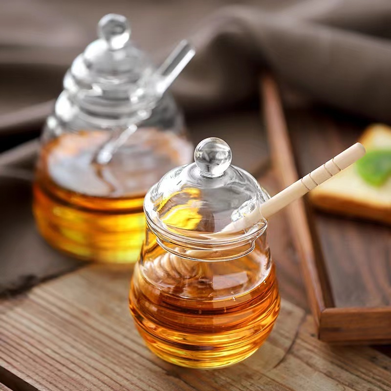 Borosilicate 270ml 500ml honey bee pot glass honey jars clear beehive shaped glass honey pot with dipper