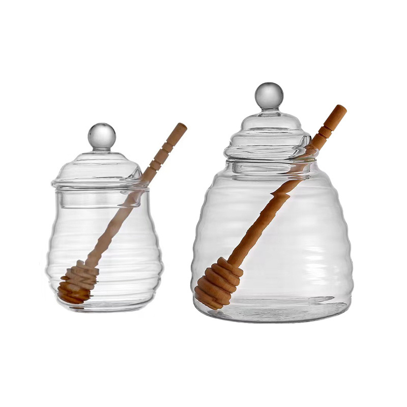 Borosilicate 270ml 500ml honey bee pot glass honey jars clear beehive shaped glass honey pot with dipper