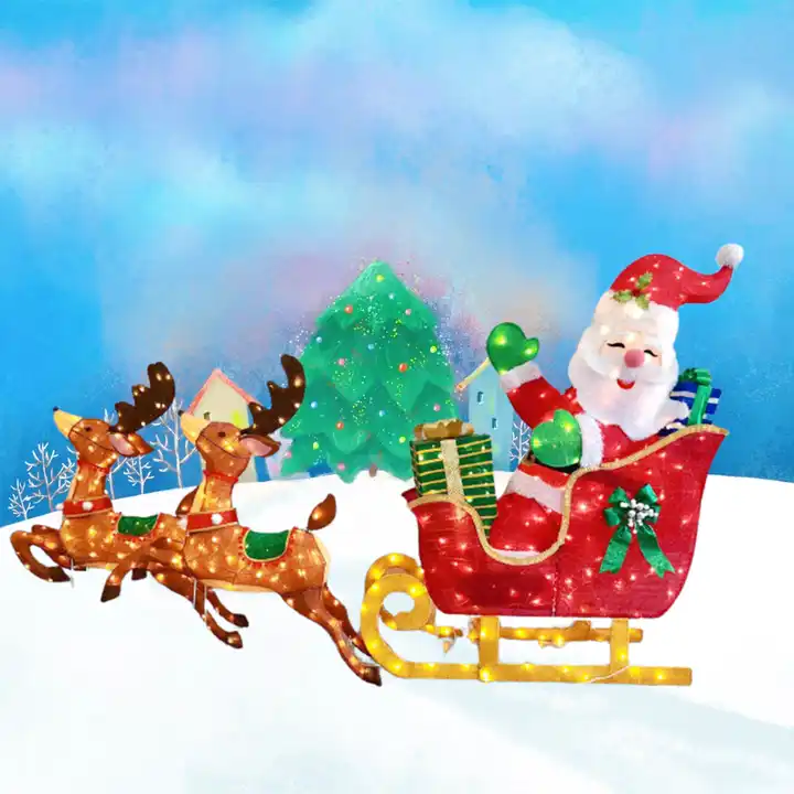 large outdoor  life size christmas santa claus  sleigh 3d reindeer motif light for sale