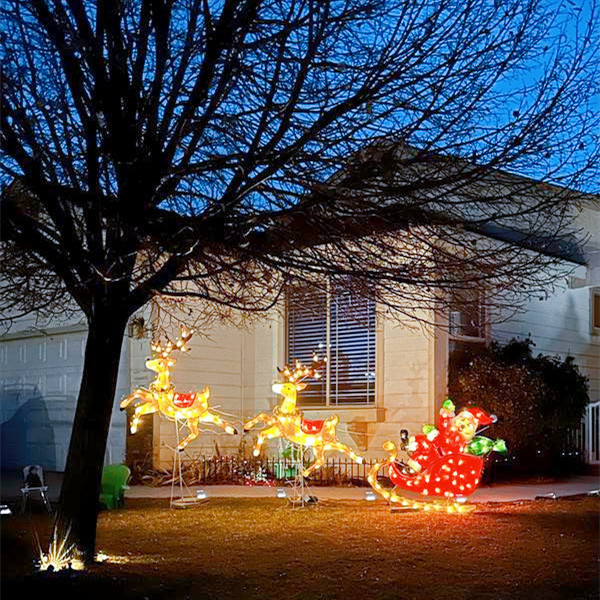 large outdoor  life size christmas santa claus  sleigh 3d reindeer motif light for sale