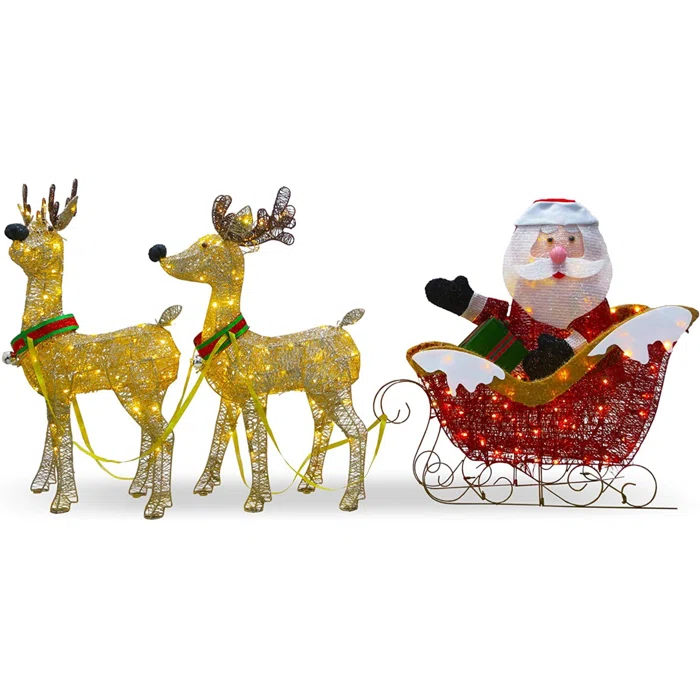 custom large outdoor  LED life size christmas santa claus  sleigh 3d reindeer motif light for sale