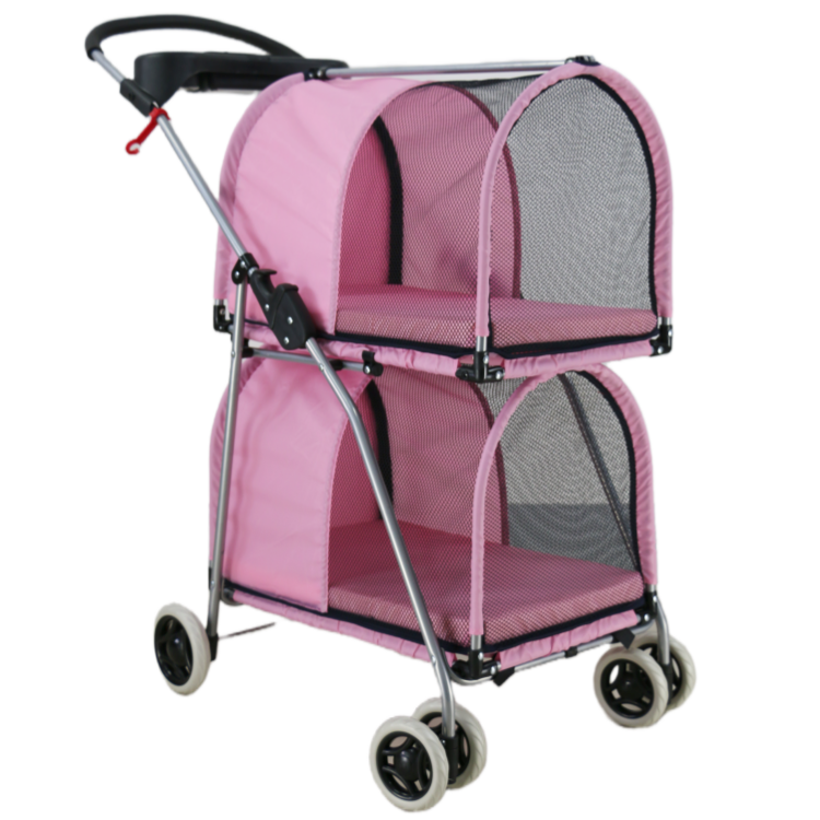 Good quality pink stroller for pets foldable dog carrier trolley with 4 wheels