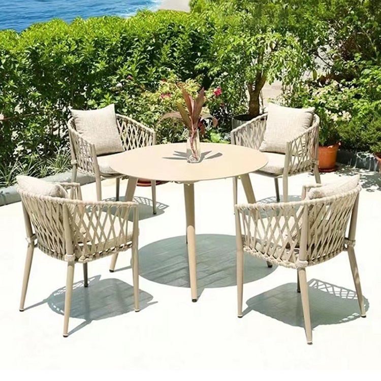 Luxury Cruise Hotel Project Modern Garden Restaurant Dining Outdoor Aluminium Table And Rope Chair Set