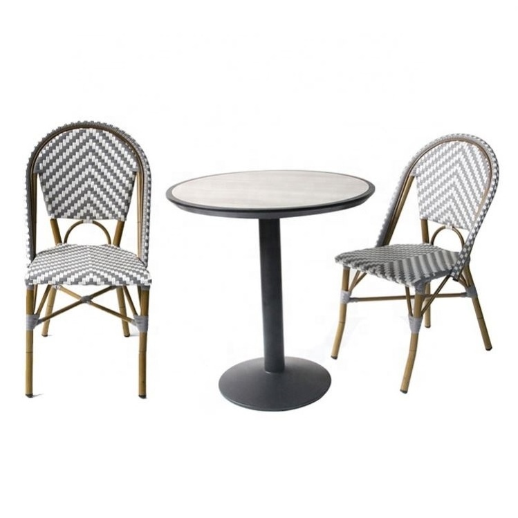 Bistro French Balcony Metal Pub Ceramic Dining table and Wicker Rattan Aluminum chair set Outdoor Garden set