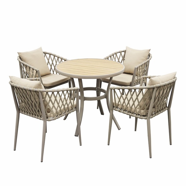 Birdies Factory Round Table and 4 pcs Rope Chairs Stock Outdoor Bistro Wood Plastic Table And Chair Sets