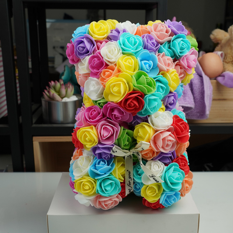 25cm Many colors forever rose teddy bear and box gift wholesale price artificial flower foam rose bear