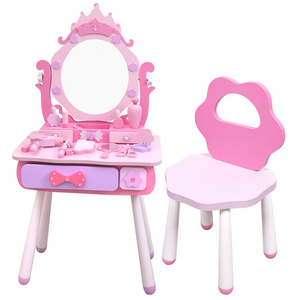 Education Kids Pretend Play Toy Girl Makeup Set With Accessories Wooden Pink Baby Dressing Table Toy